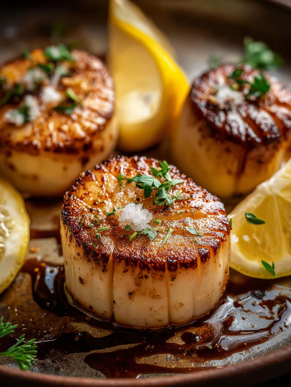Angebratene Jakobsmuscheln mit Butter-Zitronen-Soße.