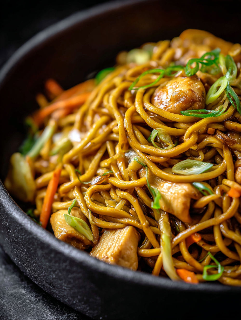 Schüssel mit Lo Mein Nudeln, Huhn und Gemüse