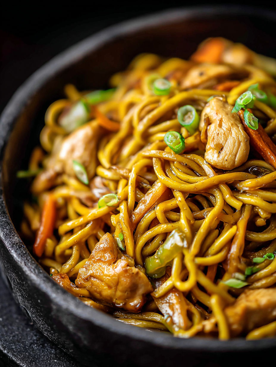 Eine Schüssel Lo Mein Nudeln mit Hähnchen und Gemüse.