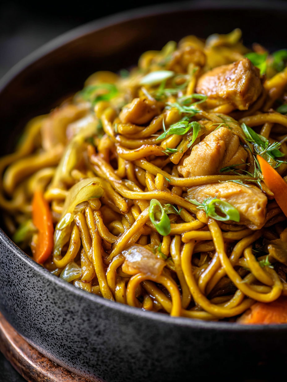 Eine Schüssel Lo Mein Nudeln mit Hähnchen und Gemüse.