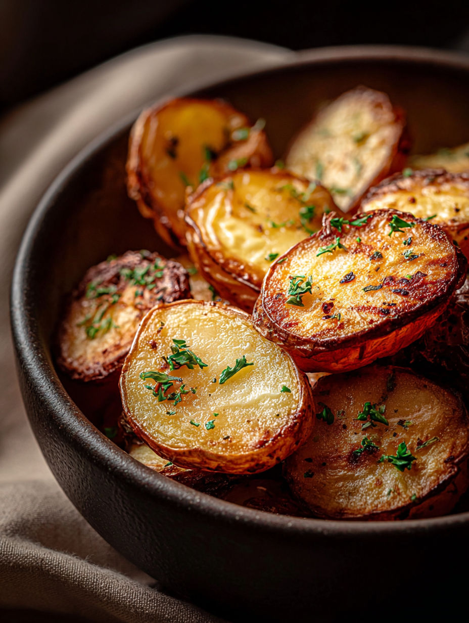 Schüssel mit knusprigen Kartoffelscheiben aus der Heißluftfritteuse.