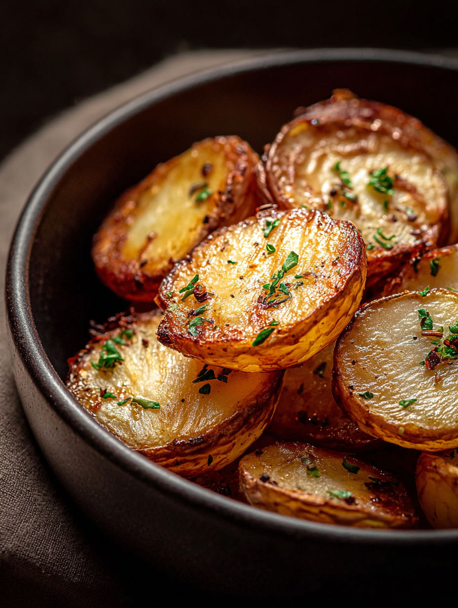 Schüssel mit knusprigen Kartoffelscheiben aus der Heißluftfritteuse.