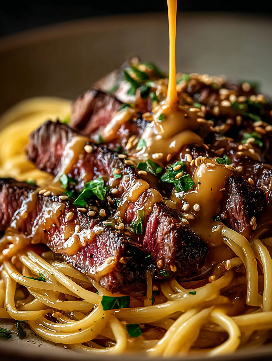 Nahaufnahme von leckerem Steak mit Knoblauchbutter und goldenen Nudeln