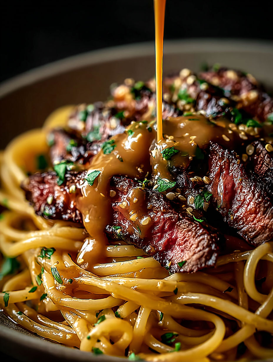 Nahaufnahme von einem Stück Steak mit Knoblauchbutter oben drauf.