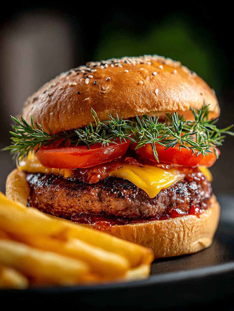 Ein Hamburger mit Tomaten und Kräutern oben drauf.