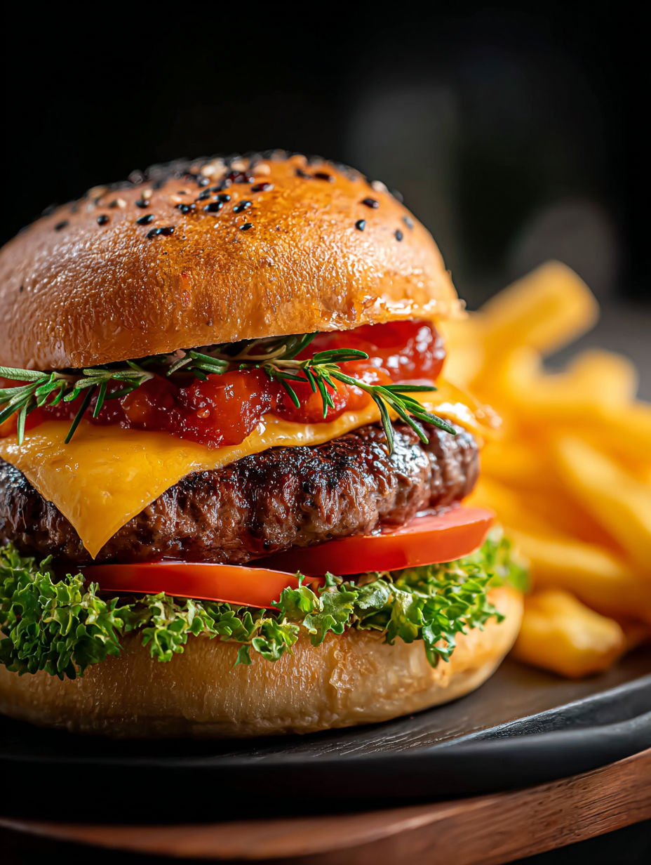 Ein Hamburger mit Tomaten und Salat im Brötchen.