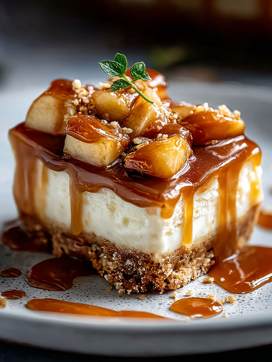 Ein Stück salziger Karamell-Apfel-Käsekuchen.
