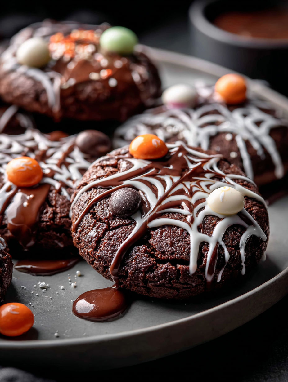 Schokokekse mit Spinnennetz und orange-weißer Deko.
