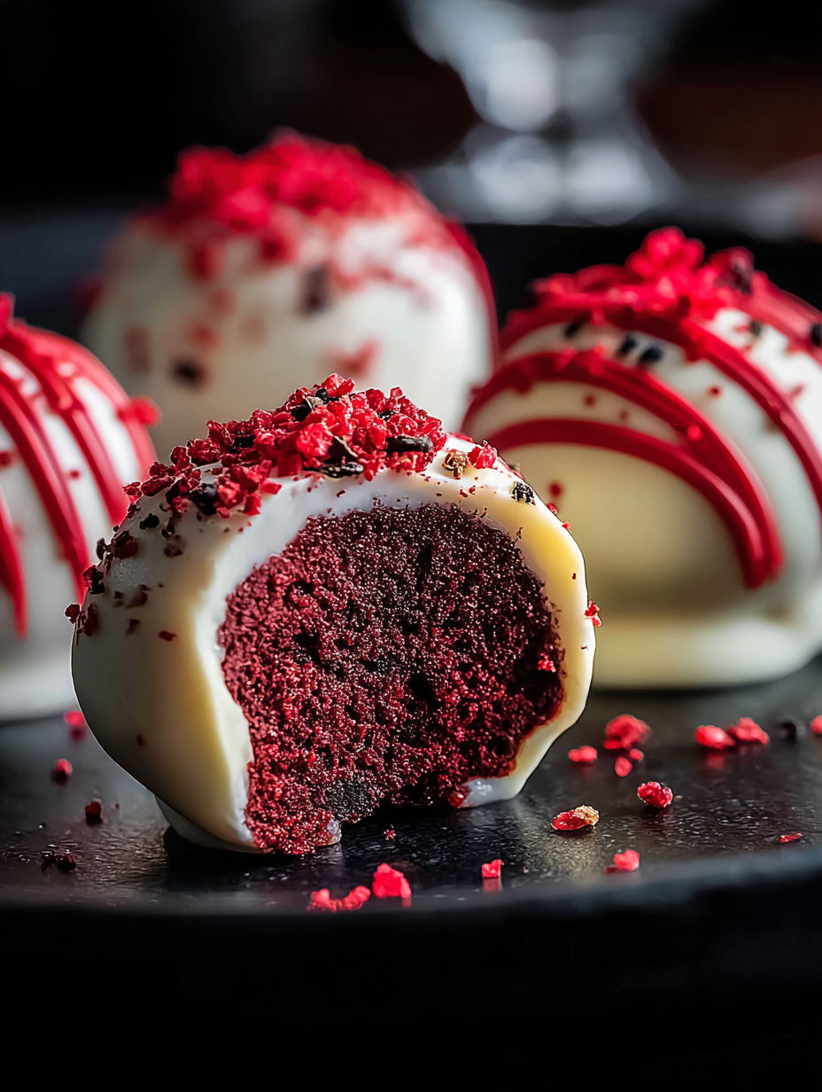 Rote Velvet Kugeln auf schwarzem Teller