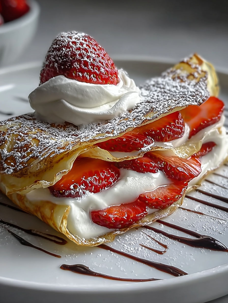 Ein cremiger Erdbeerpfannkuchen mit Schlagsahne und Erdbeeren obendrauf.