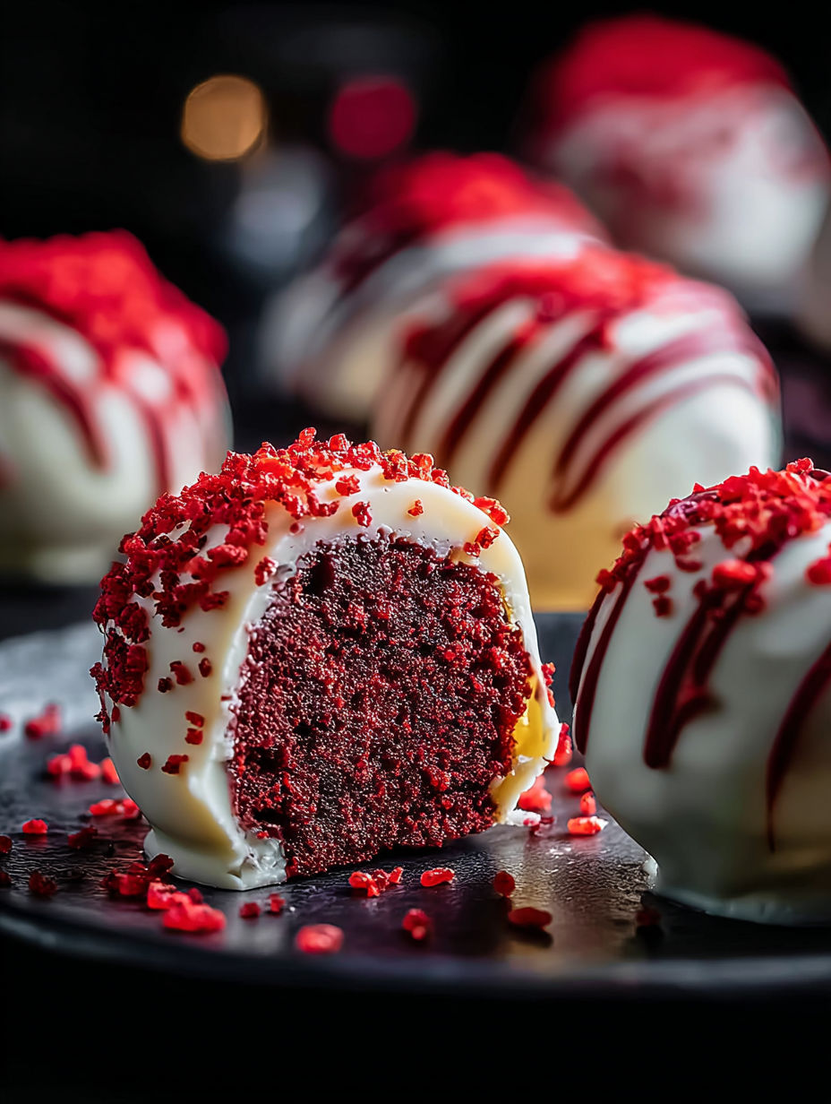 Rote Samtkuchen am Stiel auf einem schwarzen Teller.
