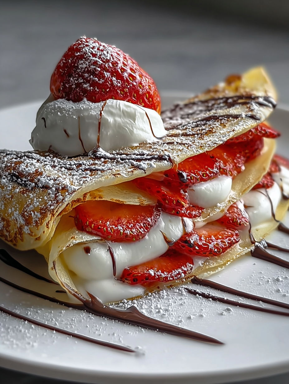 Cremiger Erdbeer-Pfannkuchen mit Schlagrahm und Schokosoße.