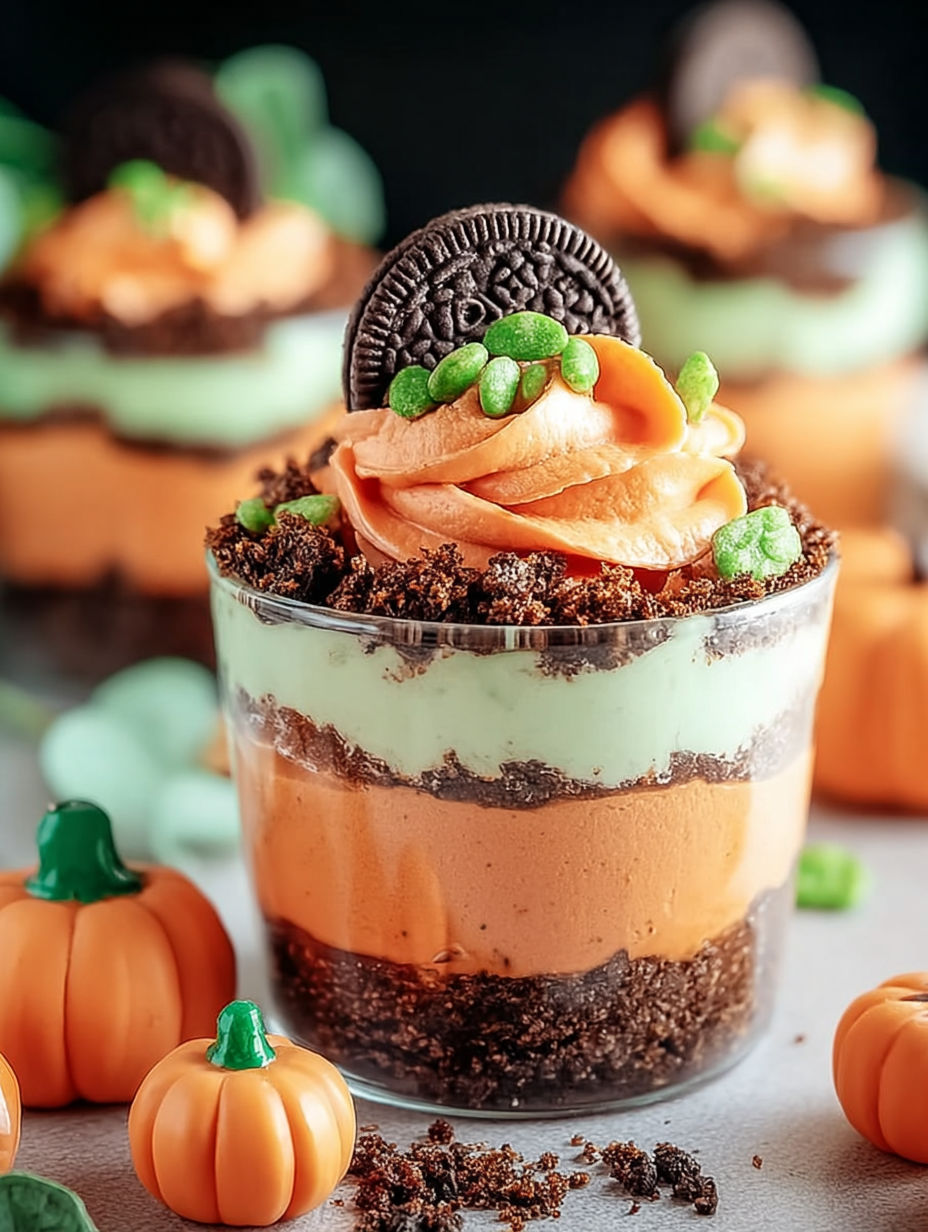 Ein Becher Dirt Cups mit Kürbis und einem Keks oben drauf.