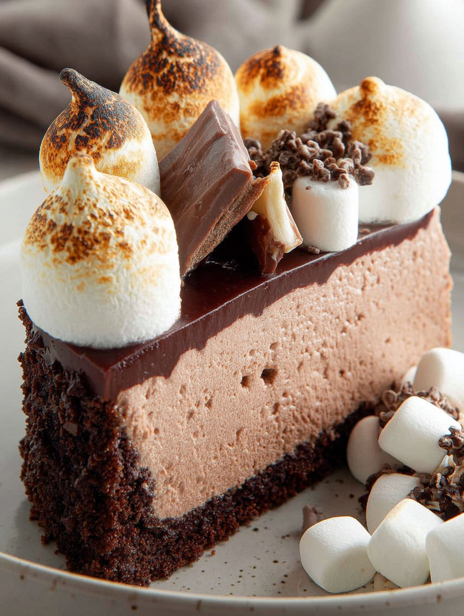 Ein Stück Schokokäsekuchen mit Marshmallows oben drauf.