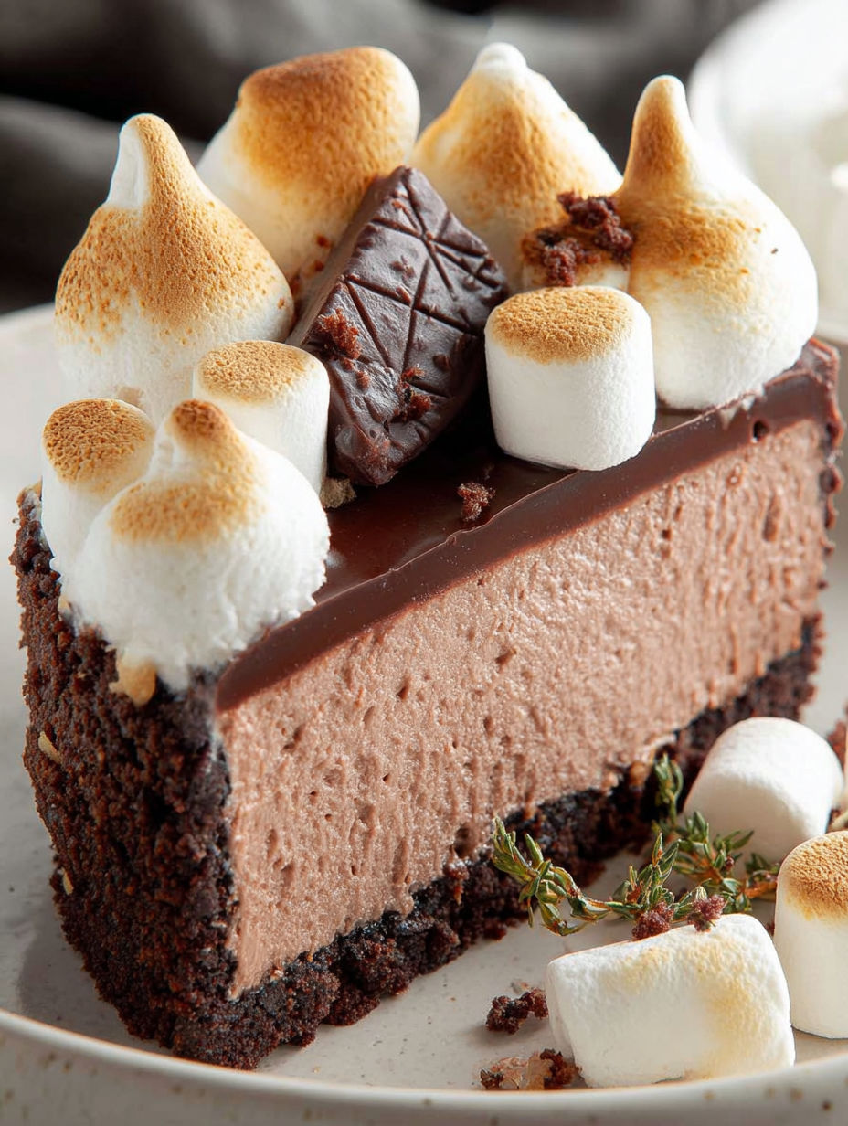 Ein Stück Schokokäsekuchen mit Marshmallows drauf.