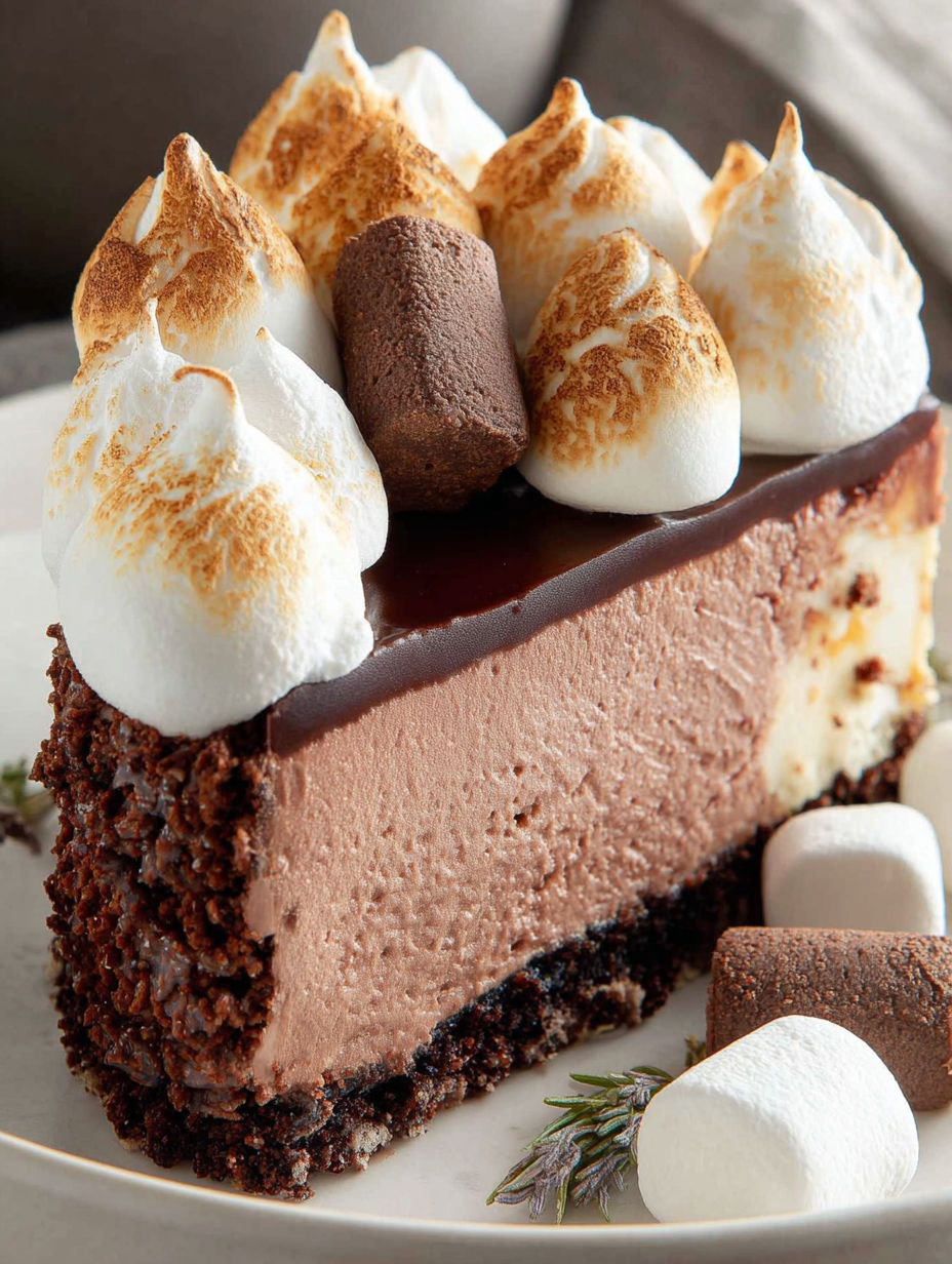 Ein Stück Schokokäsekuchen mit Marshmallows drauf.