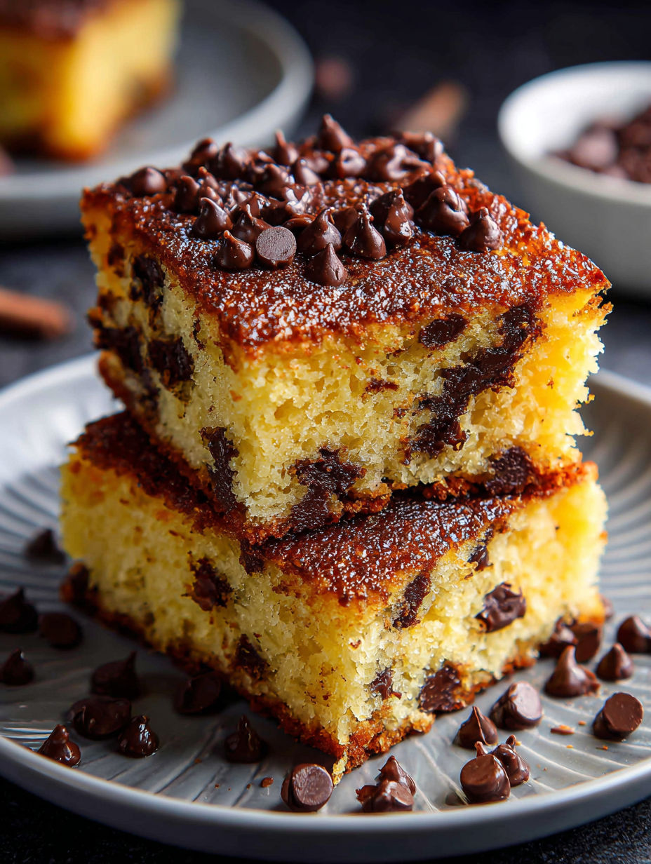 Ein Stück Schokostückchenkuchen.