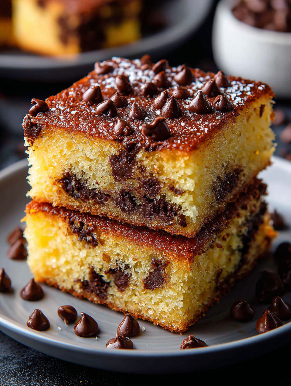 Ein Stück Schokostückchenkuchen.