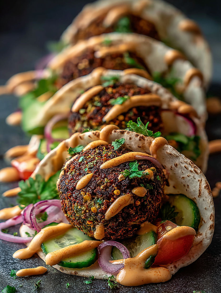 Kleine Falafel Wraps mit Soße und Gemüse.