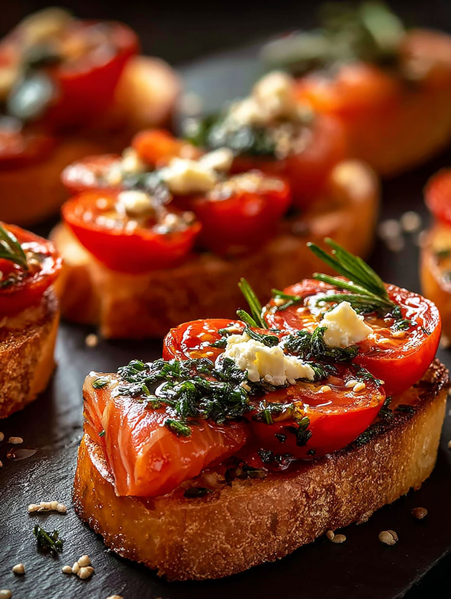 Ein Crostini belegt mit Tomaten und Basilikum.