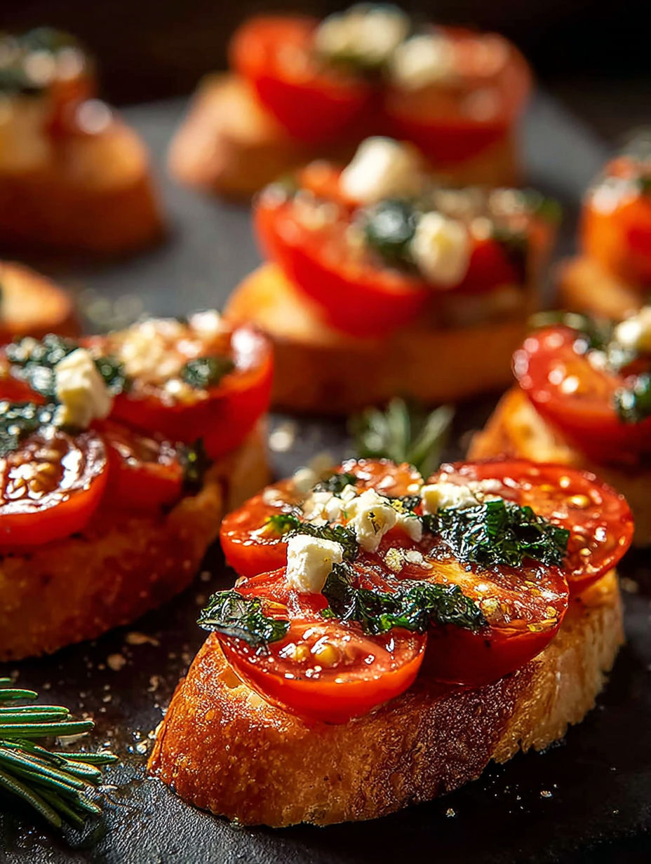 Ein Teller Crostini mit Tomaten und Basilikum.