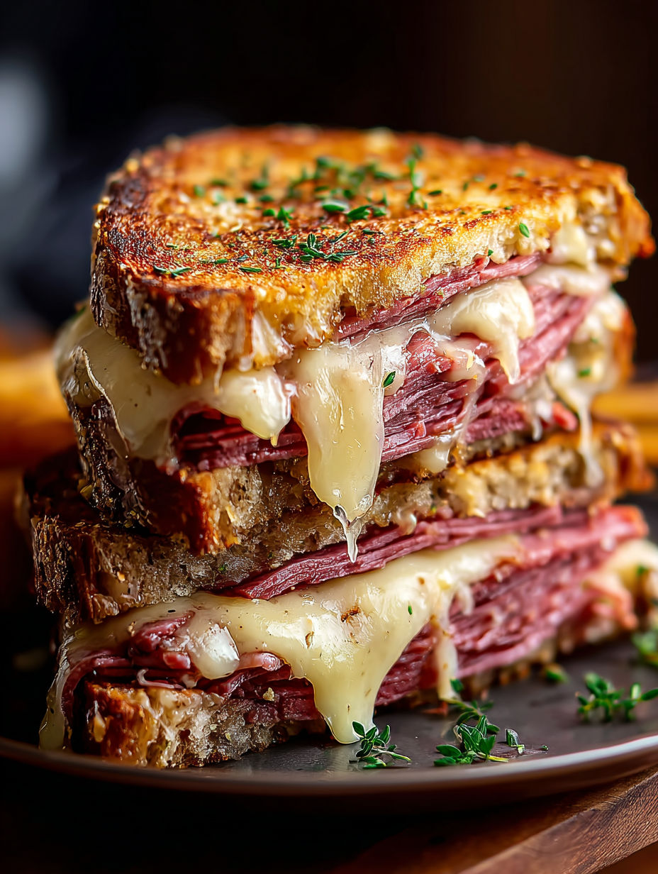 Ein Stapel aus drei Reuben Sandwiches.