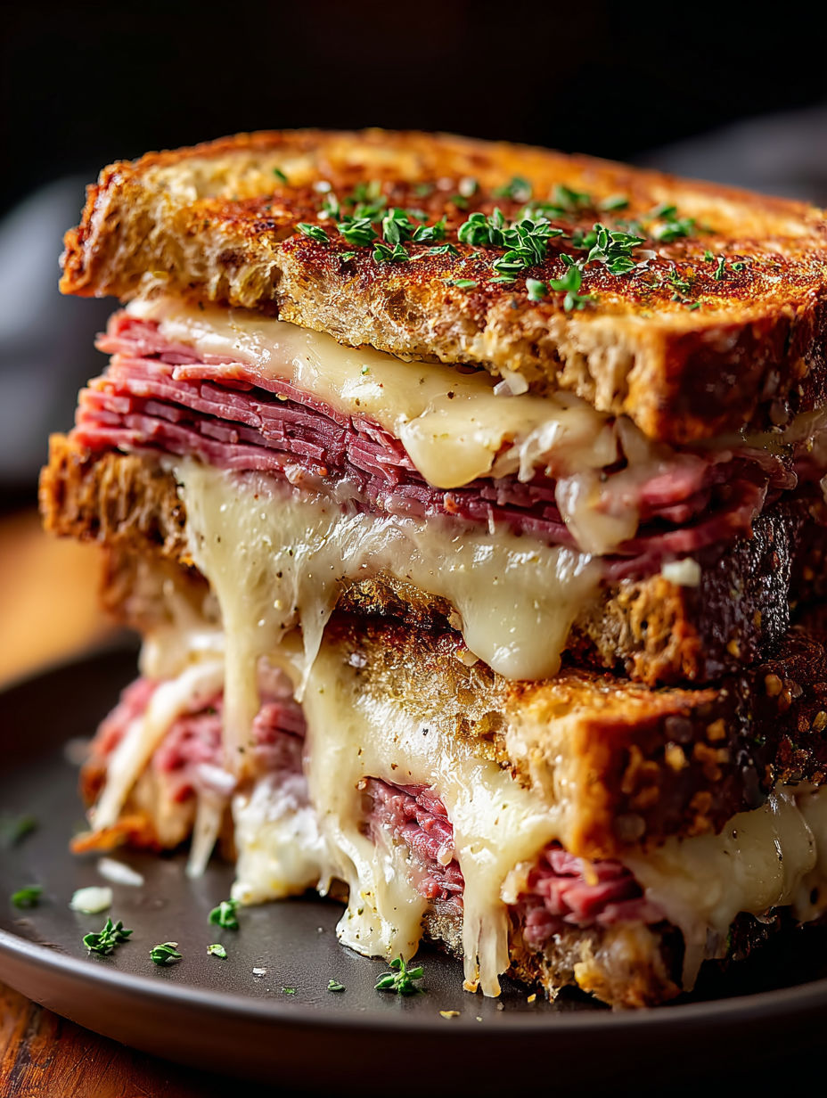 Ein Stapel von drei Reuben-Sandwiches.