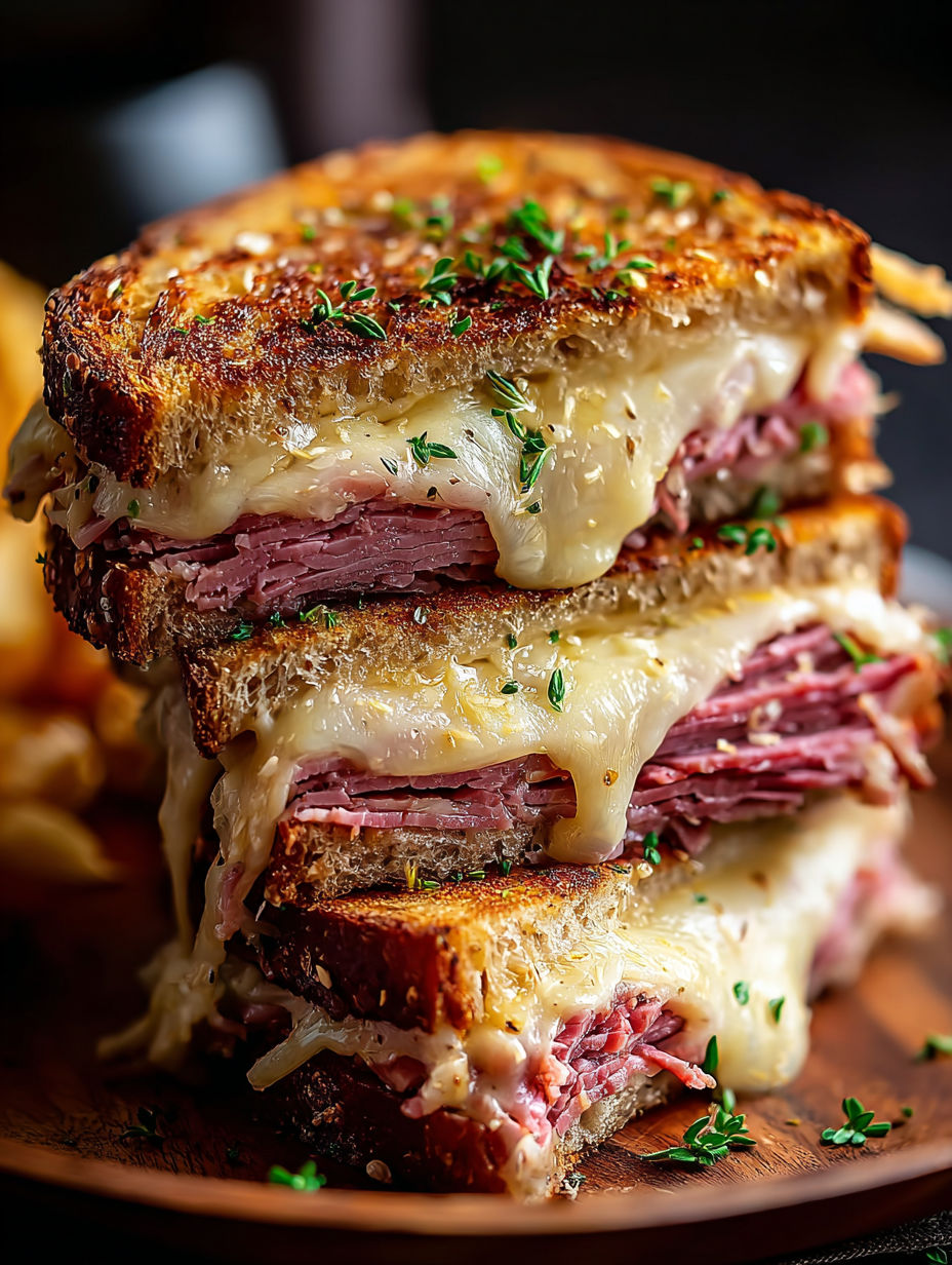 Ein Stapel von drei Reuben-Sandwiches.