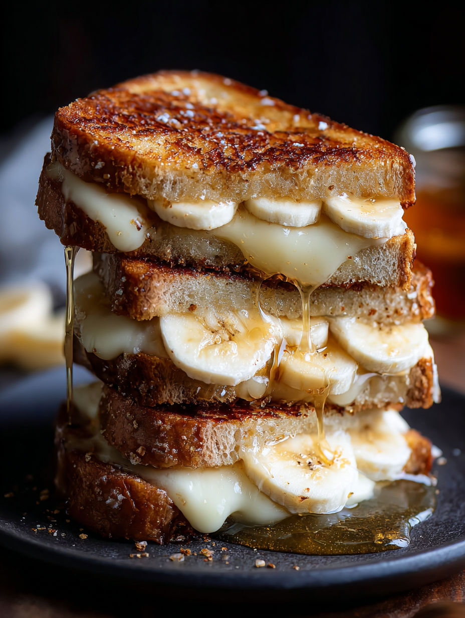 Ein Stapel aus Bananen-Käse-Sandwiches.