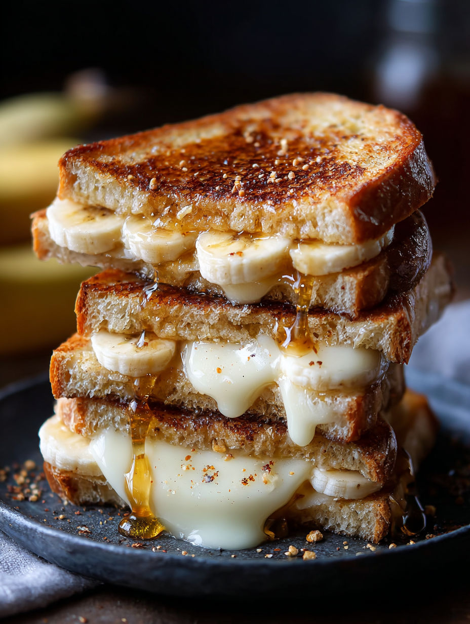 Ein Stapel aus Bananen-Käse-Sandwiches.