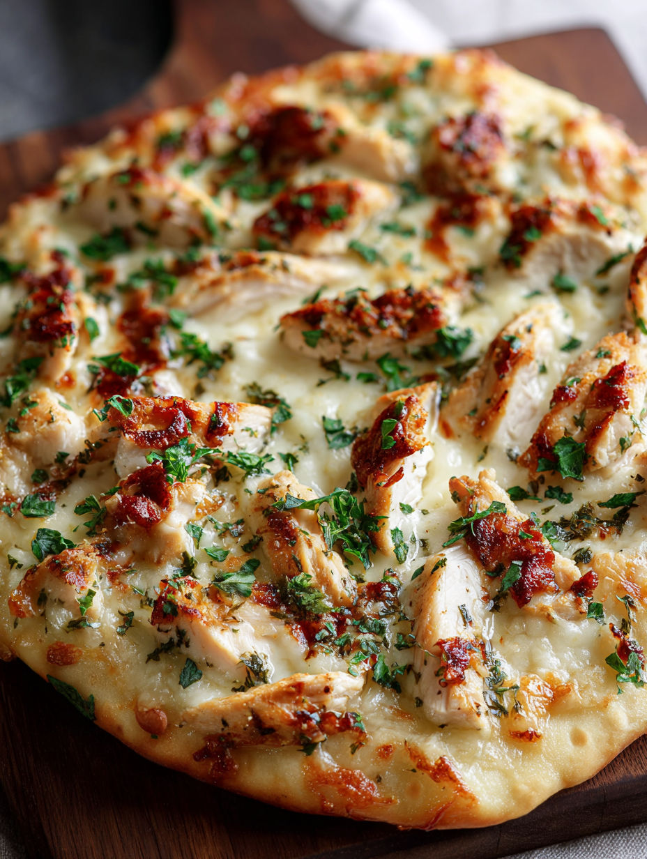 Pizza mit Hühnchen und Käse belegt
