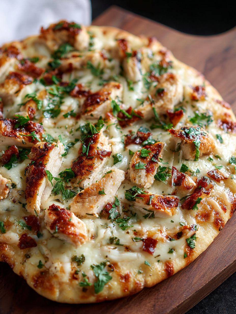 Pizza mit Hähnchen und Käse.