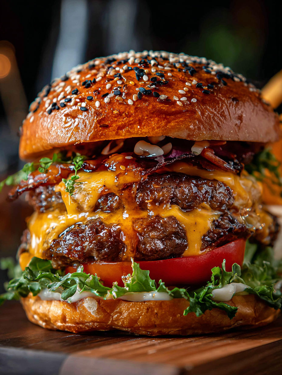 Nahaufnahme eines Burgers mit Speck, Salat, Tomate und Käse.