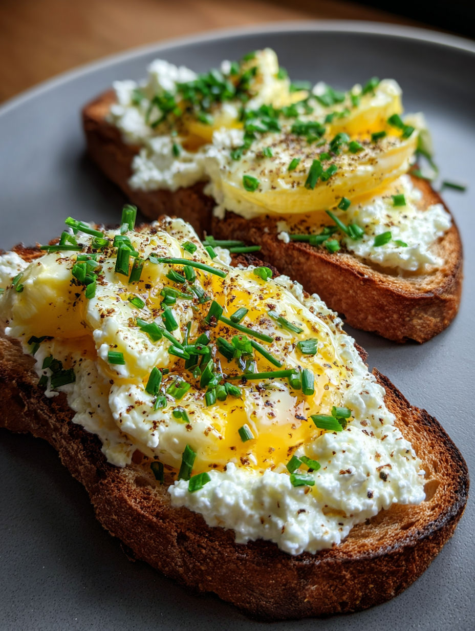 Zwei Toastscheiben mit Ricotta und Ei oben drauf.