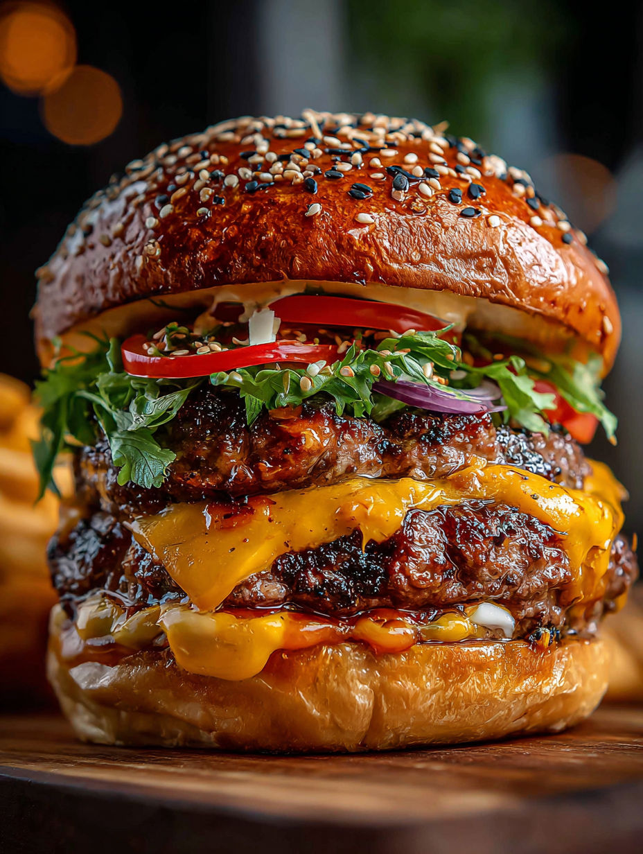 Nahaufnahme eines Burgers mit Salat, Tomate und Käse.
