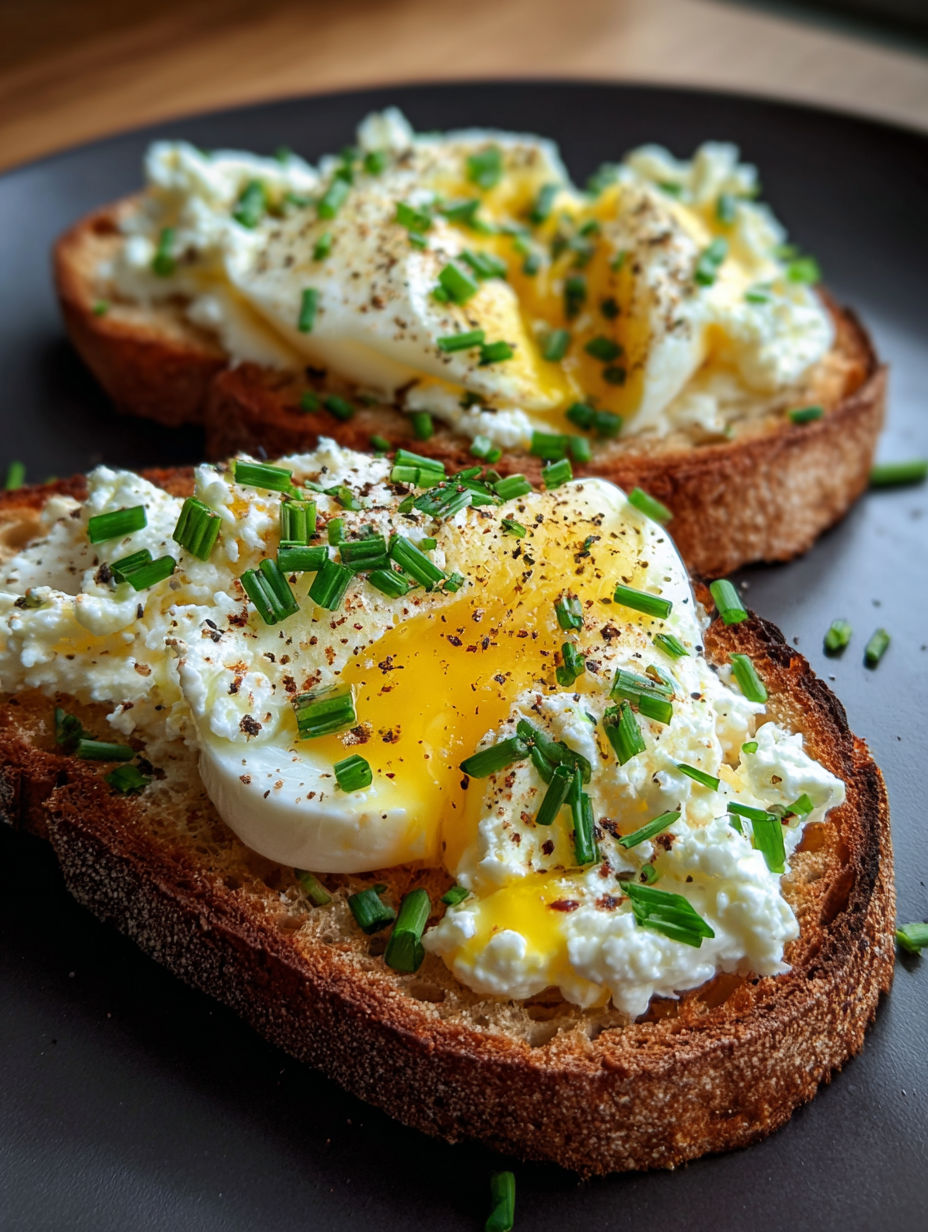 Zwei Scheiben Toast belegt mit Ricotta und Ei.