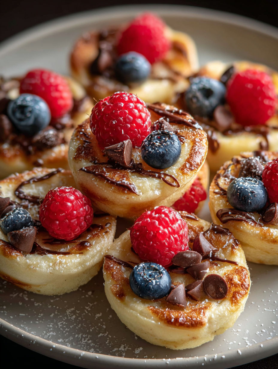 Ein Teller mit Pancake Stücken, garniert mit Himbeeren und Schokolade.