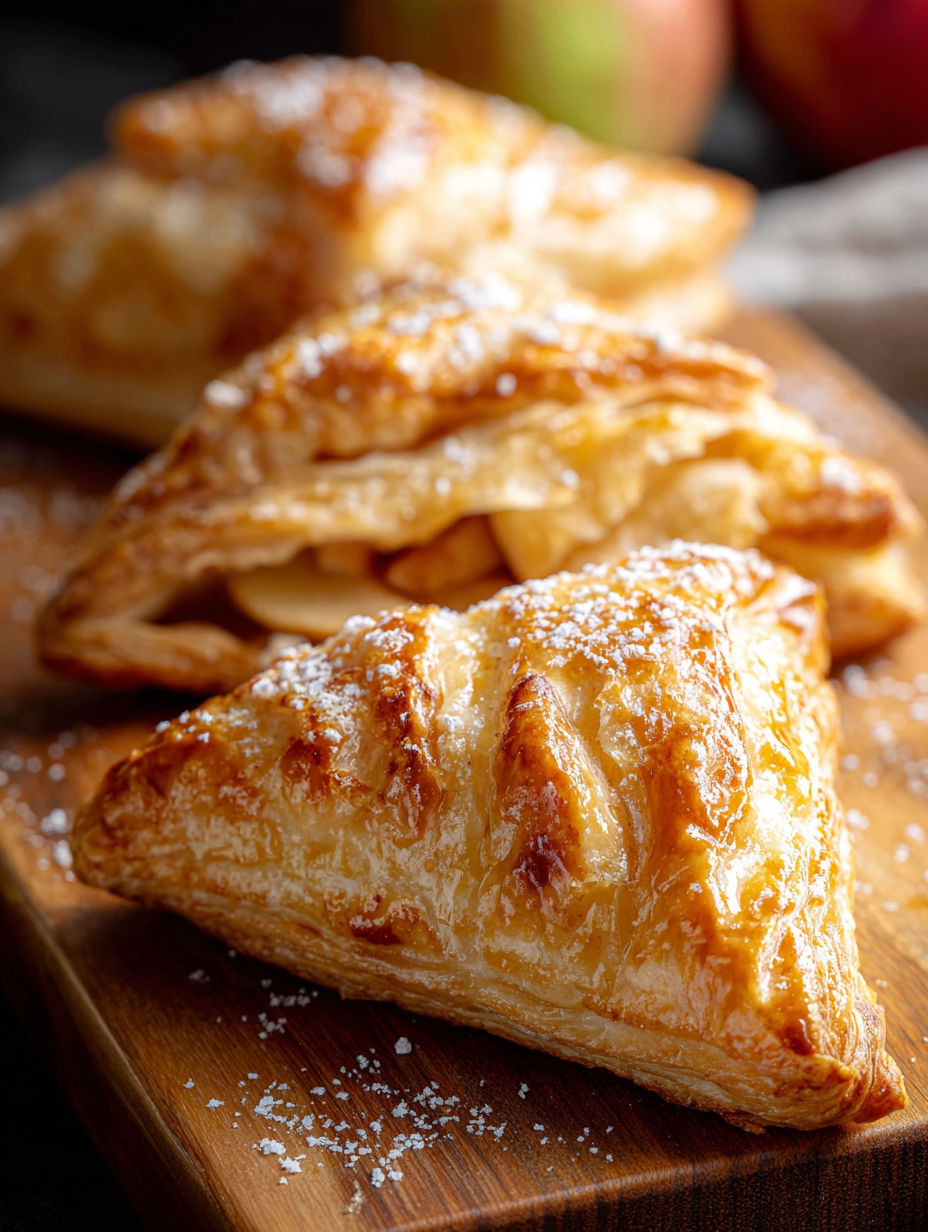 Drei Apfeltaschen mit Puderzucker auf Holztisch.