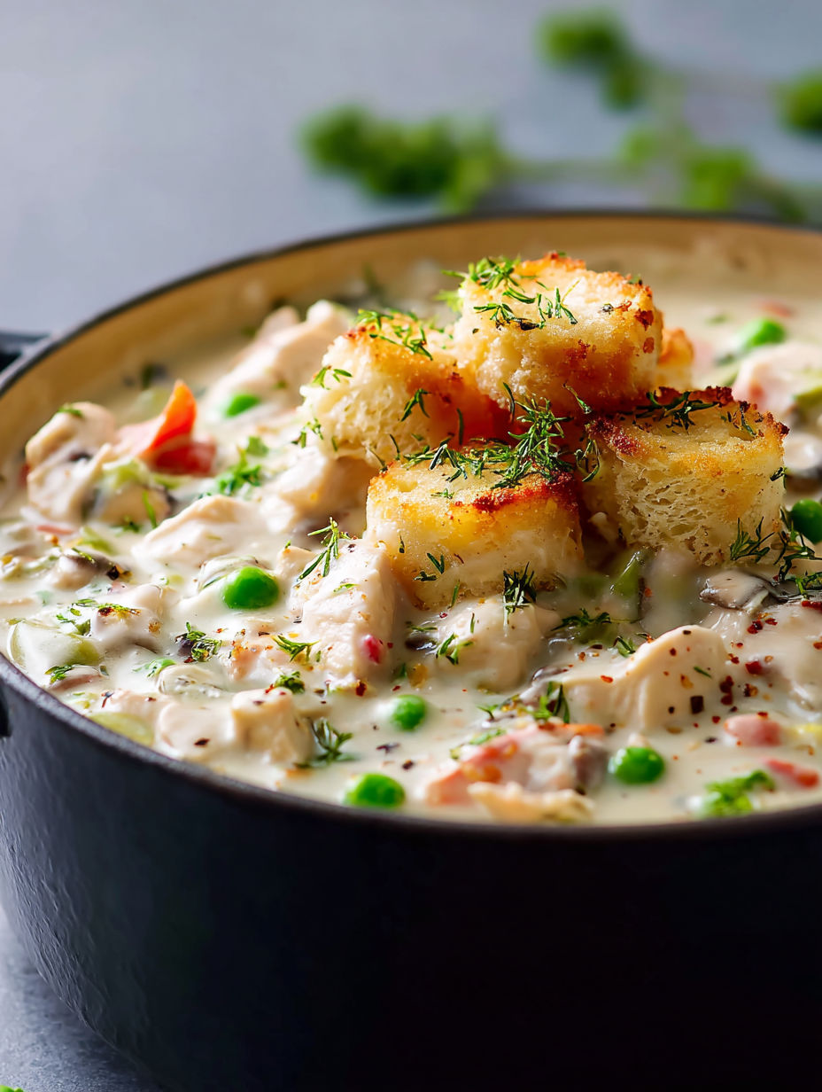 Eine Schüssel mit Chicken a la King und Brotcroutons.