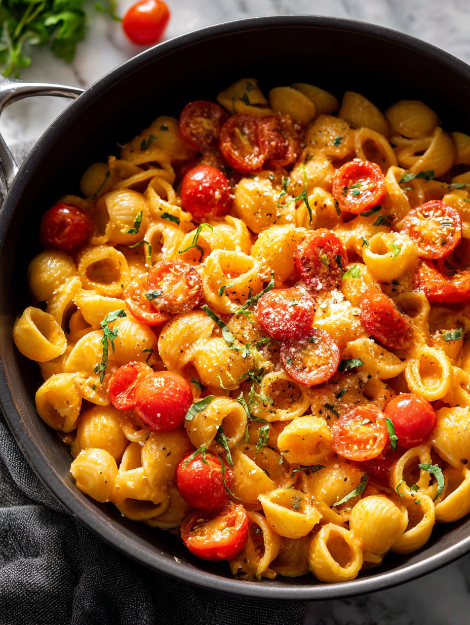 Schale mit Pasta, Tomaten und Käse