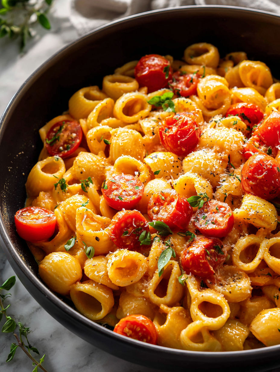 Eine Schüssel Pasta mit Kirschtomaten.