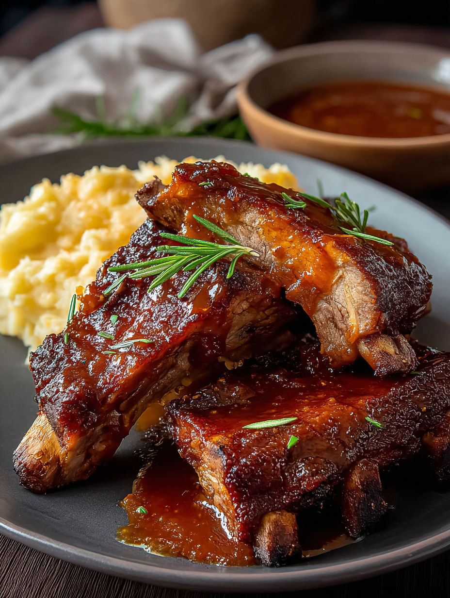Ein Teller voller Ribs mit Soße.