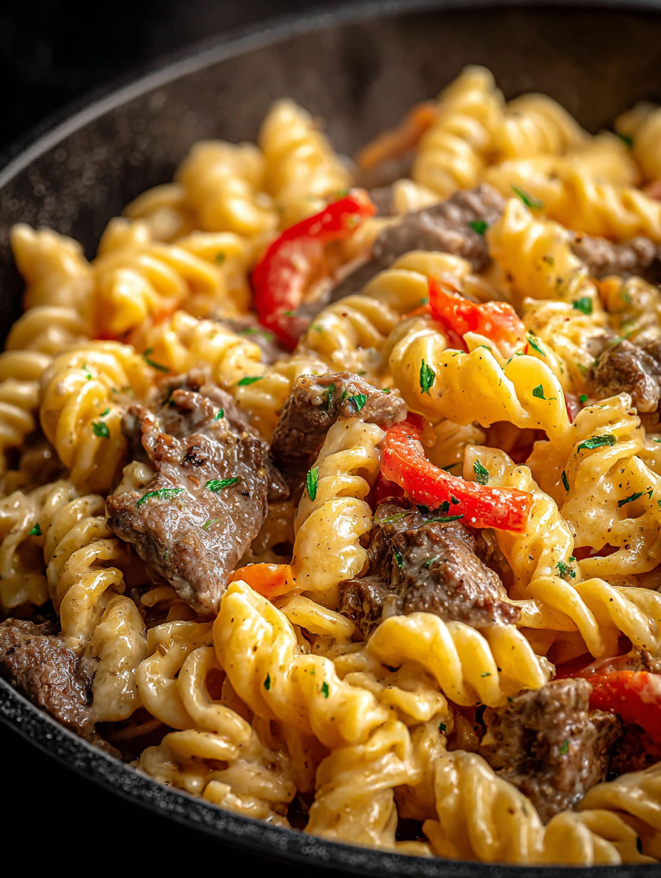 Nahaufnahme von leckerer Philly-Cheesesteak-Pasta.