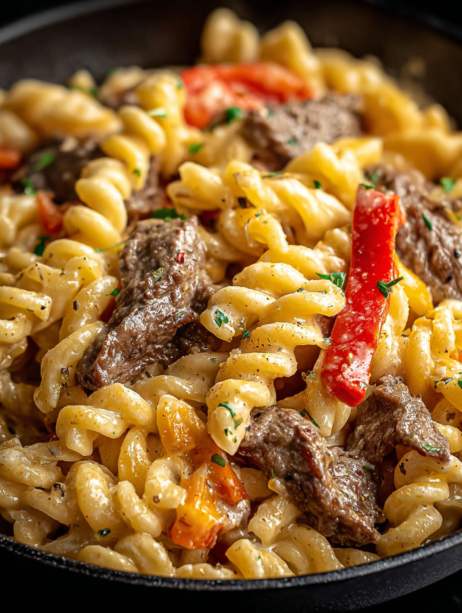 Nahaufnahme von leckerer Philly-Cheesesteak-Pasta.