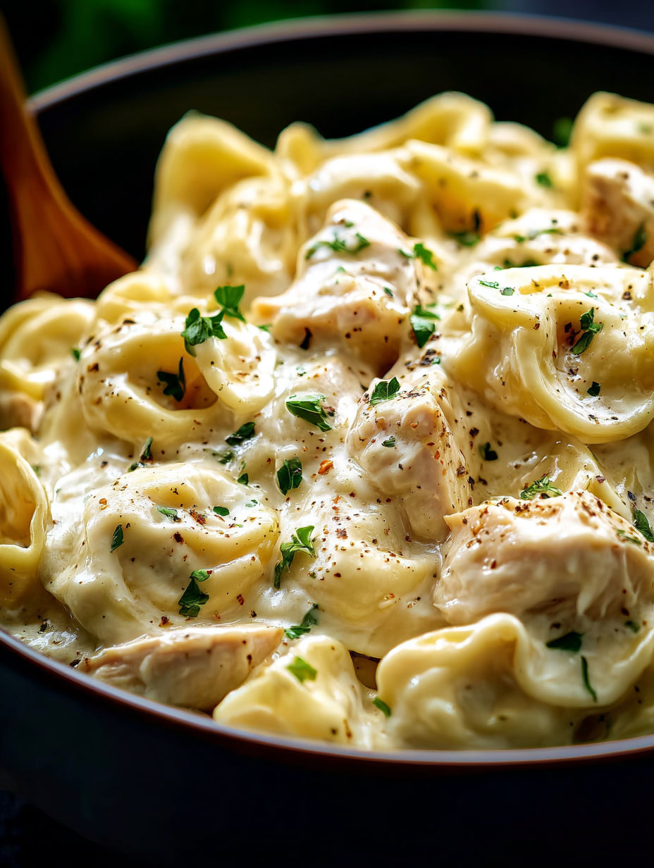Eine Schüssel Hähnchen Alfredo Tortellini.