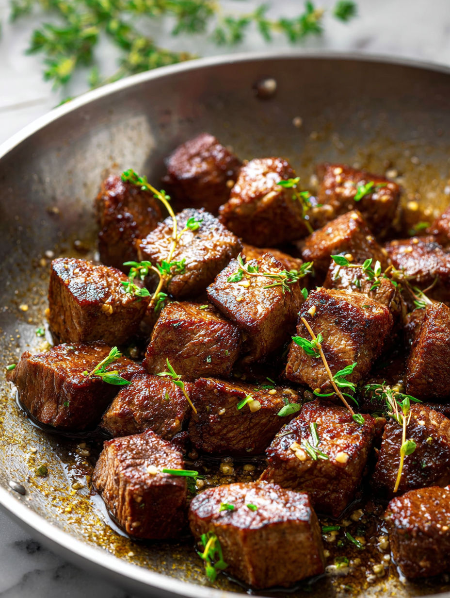 Eine Pfanne mit Steakwürfeln und Kräutern
