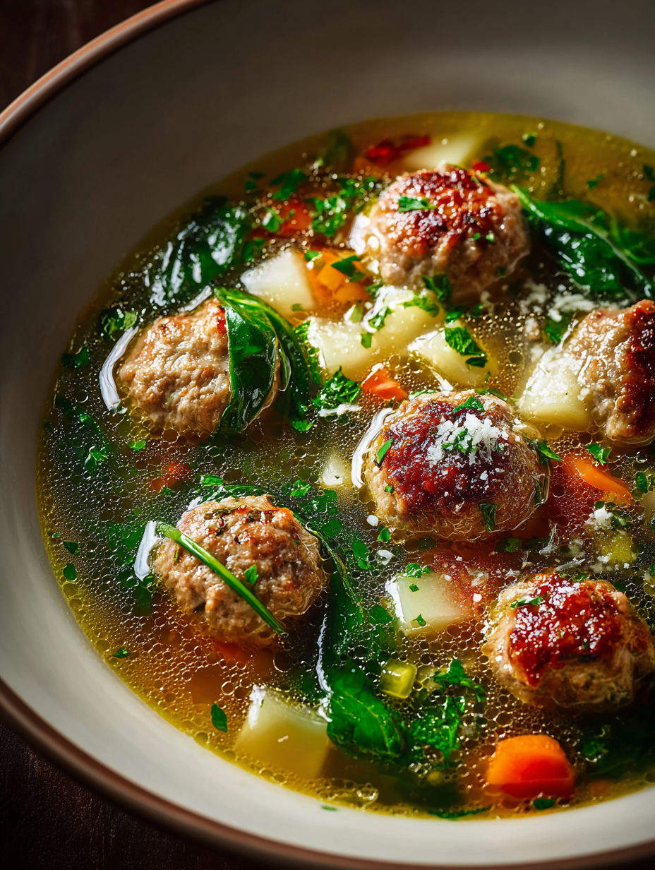 Eine Schüssel Suppe mit Fleischbällchen und grünem Gemüse.