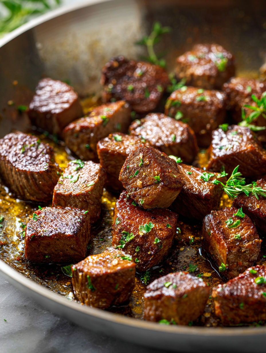 Eine Pfanne voller Steakwürfel.