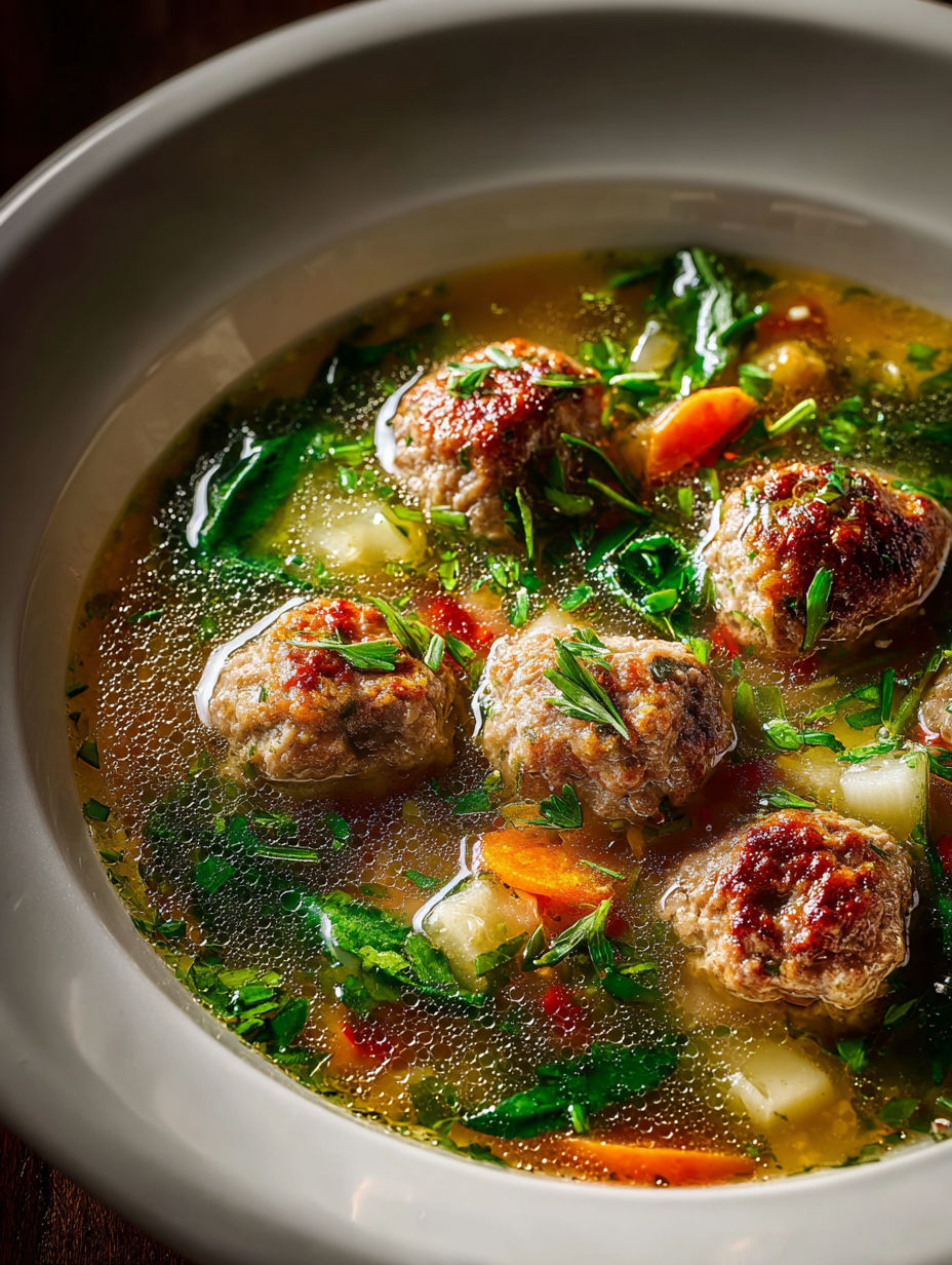 Eine Schale Suppe mit Fleischbällchen und grünem Gemüse.