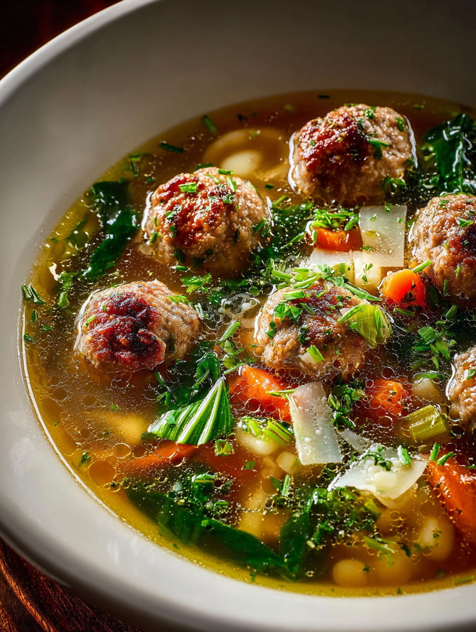 Eine Schale Suppe mit Fleischbällchen und Gemüse.